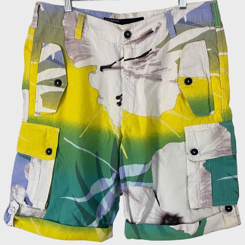Rocawear Printed Cargo Shorts White Men's Size 36 Abstract Multicolor Utility